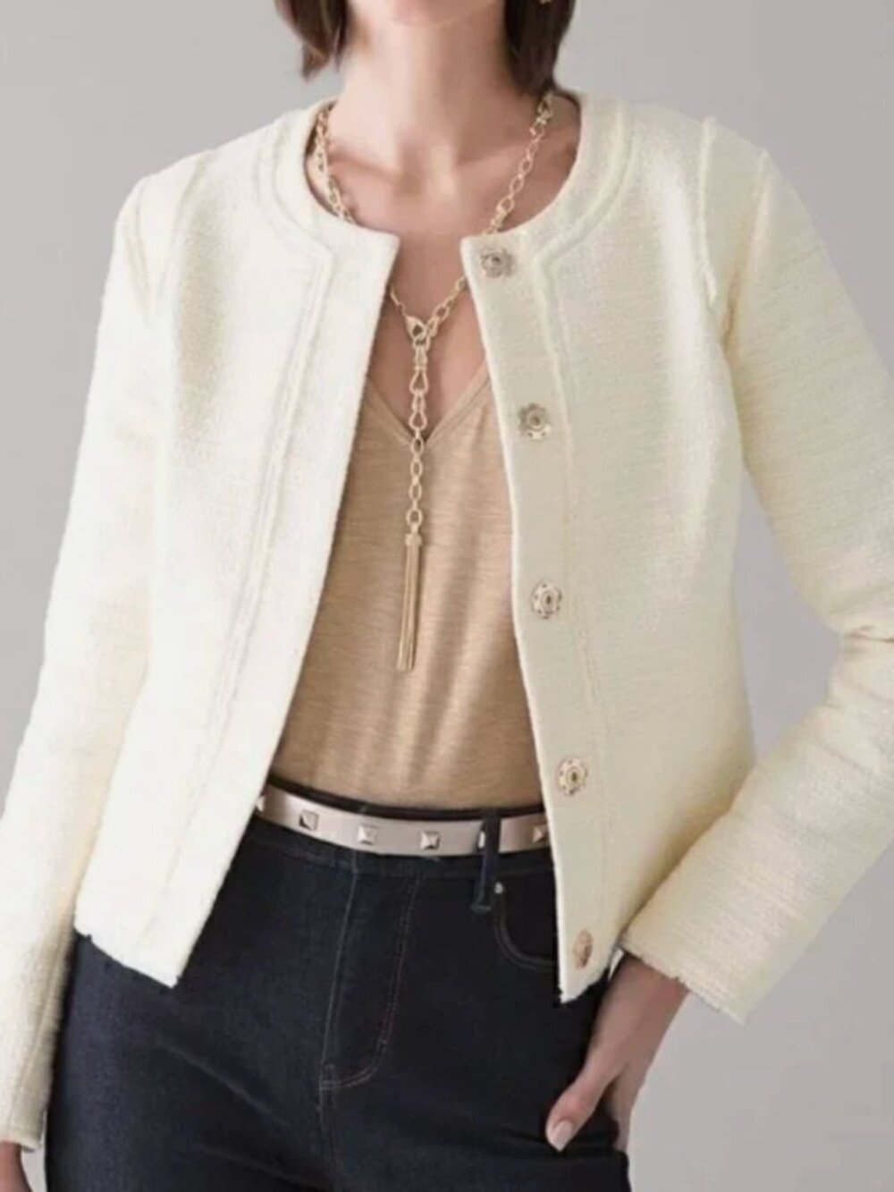 White House Black Market Ivory Tweed Jacket Size 6 Cream Snap Front Lined Blazer